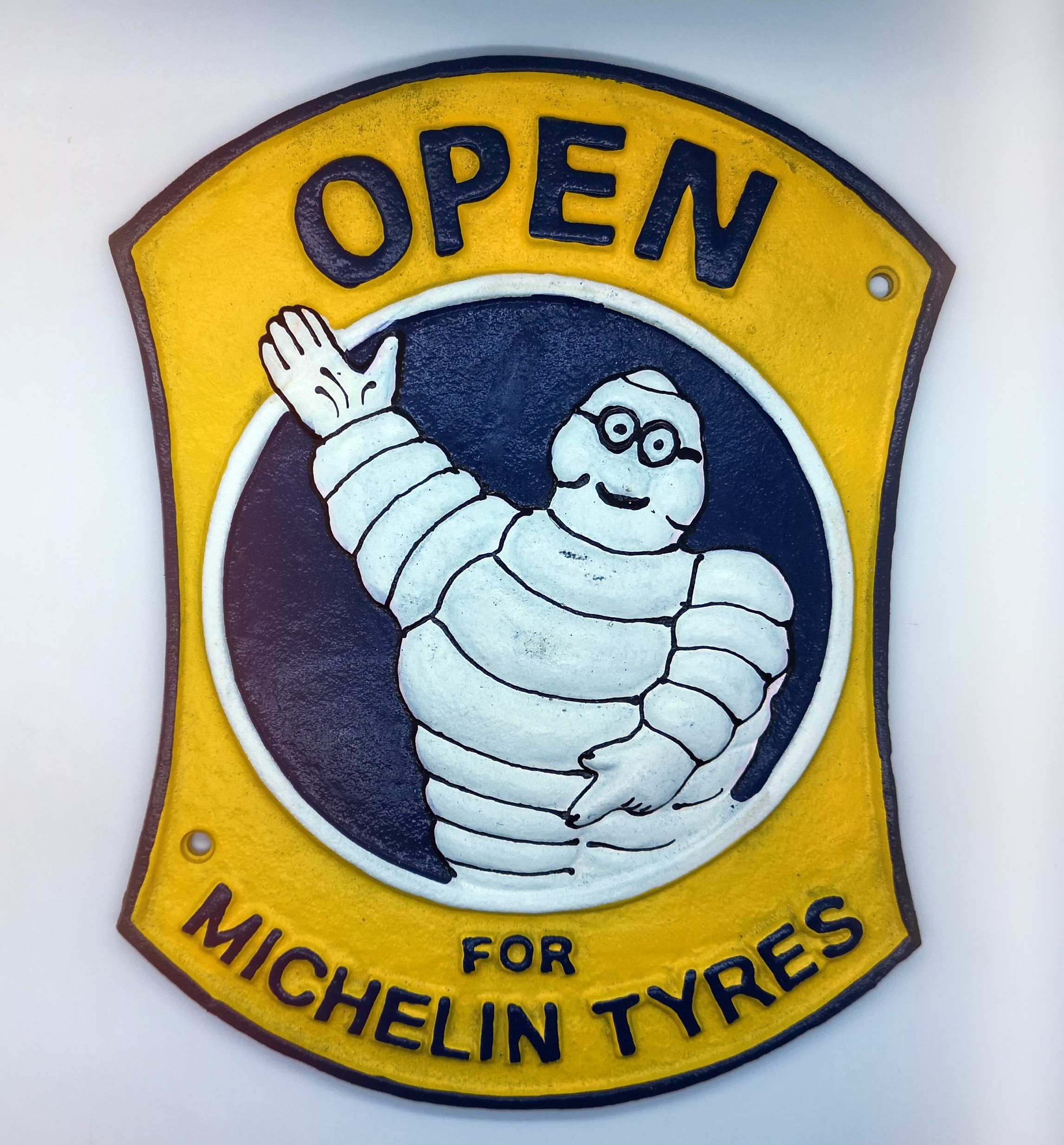 Michelin Man Bibendum Cast Iron OPEN MICHELIN TYRES Advertising Wall Plaque Sign